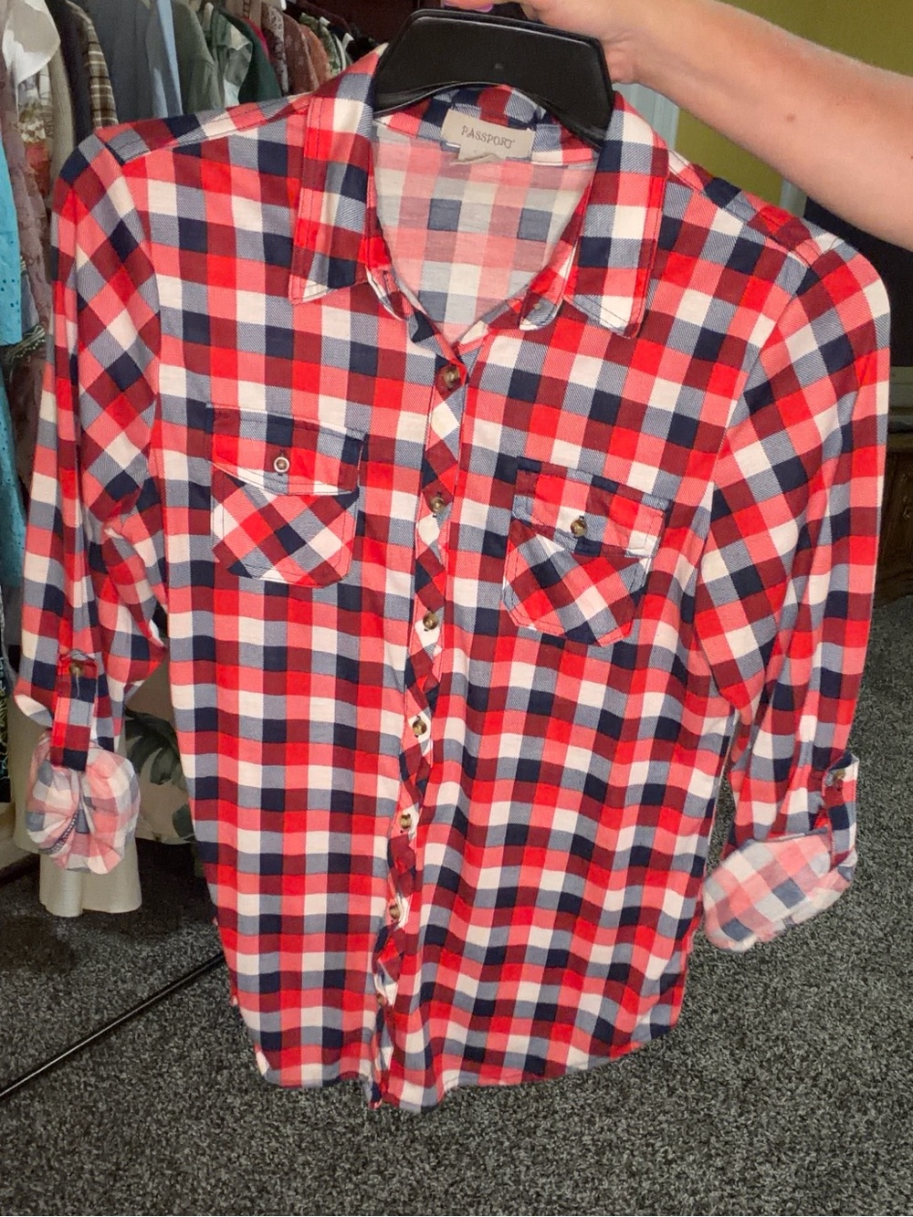 Passport Plaid Button Down Shirt Women’s Red and Navy